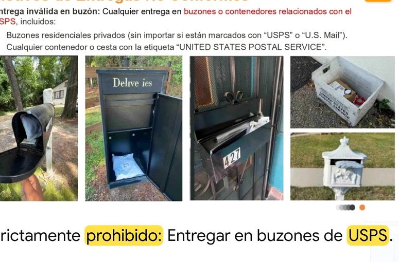 Fotografías reales de entregas prohibidas en buzones USPS